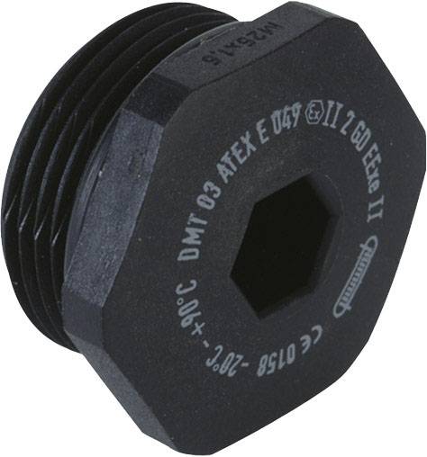 Schwarzer ATEX-zertifizierter Schraubstopfen aus Metall, sechseckige Form mit Gewinde, geeignet für explosionsgefährdete Bereiche.