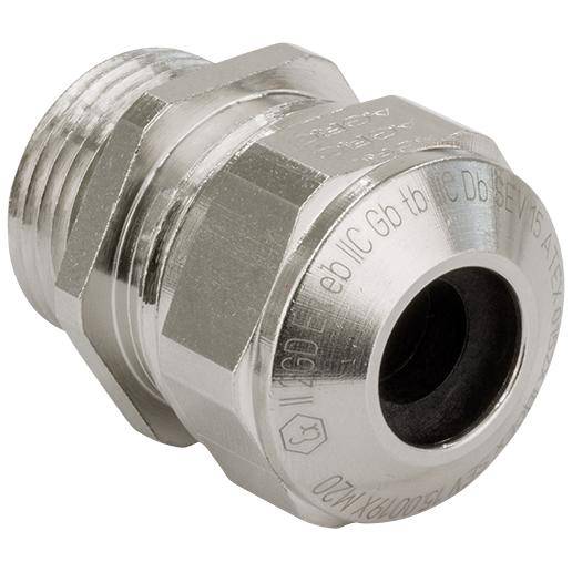 Metallkabeleinführung mit hexagonalem Gewinde, geeignet für industrielle Anwendungen, bietet Schutz und Kabelmanagement.