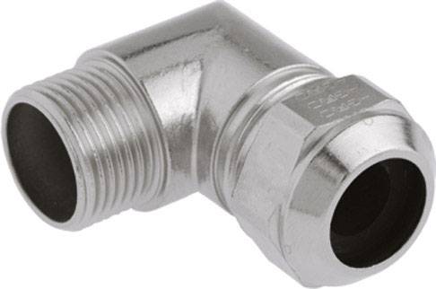 Ein silberner Rohrwinkelverbinder aus Metall, L-Form, mit Gewinde an einem Ende und glatter Öffnung am anderen, für Sanitärinstallationen.