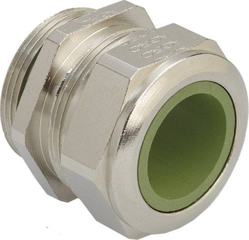 Metallkabelverschraubung mit sechseckiger Außenseite und grünem Innenbereich, geeignet für Kabelverbindungen und Abdichtungen.