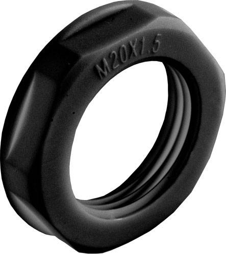 Schwarze Kunststoff-Mutter mit Gewinde, auf der 'M20X1.5' eingeprägt ist, zeigt Größe und Gewindeart für Montagezwecke.