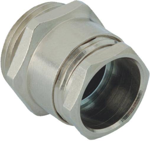 Ein sechseckiger Metalladapter mit Gewinde, vermutlich für Rohre oder Schläuche bestimmt.