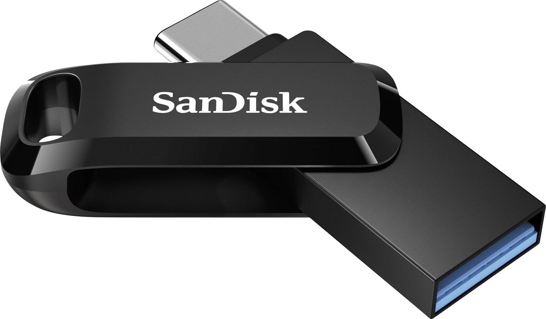 USB-Stick mit USB-C-Anschluss, Marke 'SanDisk'. Schwarzes Design mit abgerundeten Kanten sichtbar. Hauptsächlich Speichergerät.