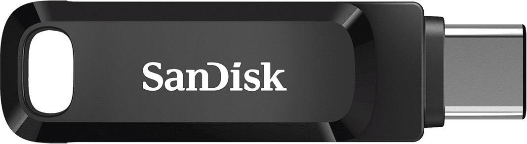 Ein schwarzer USB-Stick der Marke SanDisk mit USB-C-Anschluss, geeignet für Datenübertragung und Datenspeicherung.