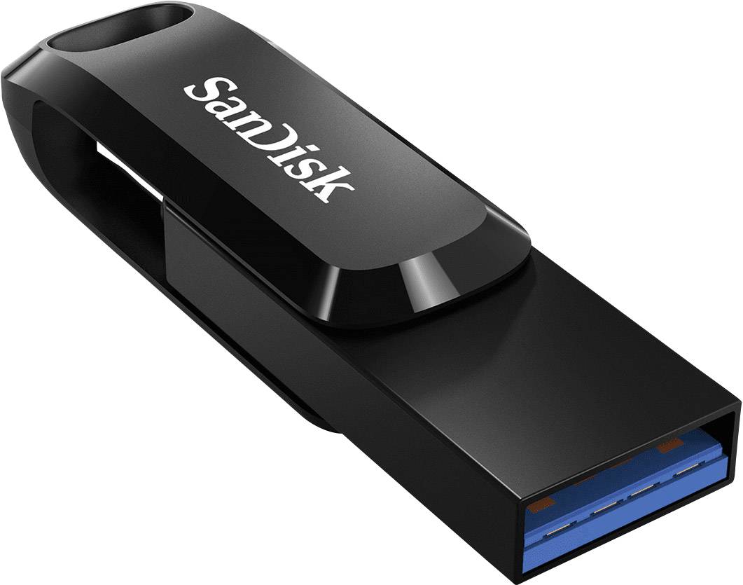 Ein schwarzer USB-Stick der Marke SanDisk mit blauem USB-A-Anschluss ist abgebildet.