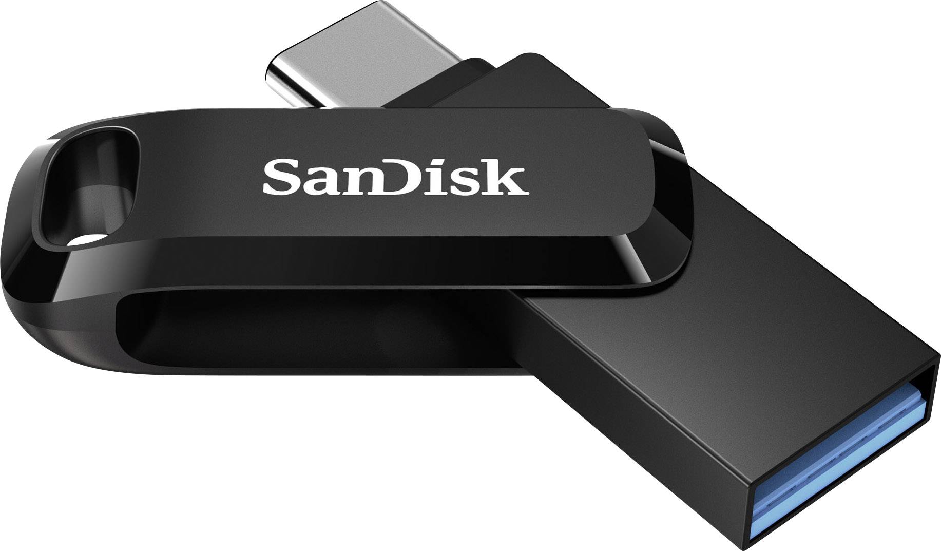 Ein schwarzer USB-Stick mit der Aufschrift 'SanDisk', teilweise aus dem Gehäuse herausgezogen, zeigt den USB-Anschluss.