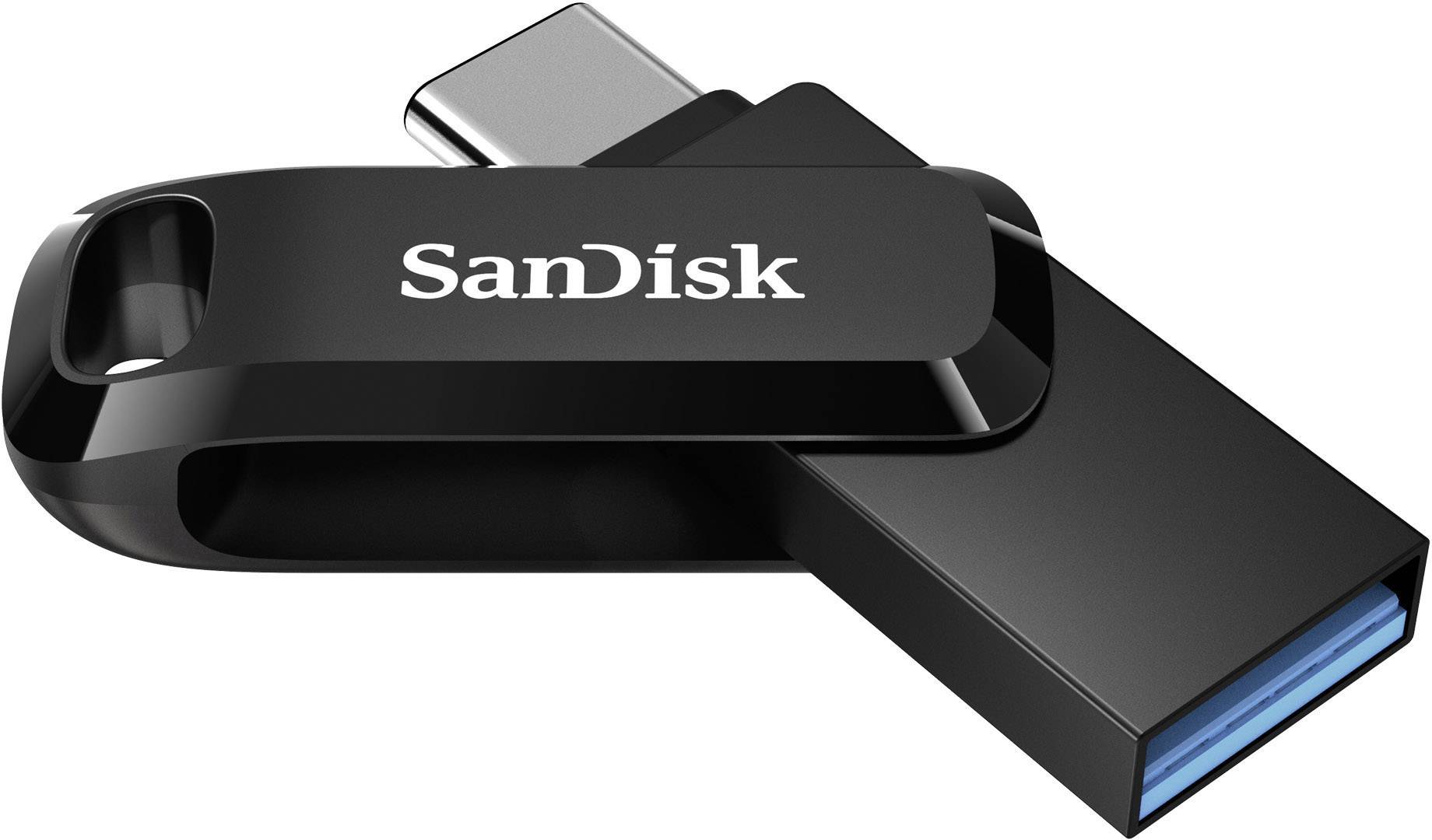USB-Stick von SanDisk, schwarz, mit abnehmbarem Deckel, zeigt USB-Anschluss in blau