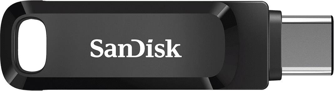 Ein schwarzer USB-Stick mit der Aufschrift 'SanDisk', kompatibel mit USB-C-Anschlüssen, für Datenübertragung und -speicherung.