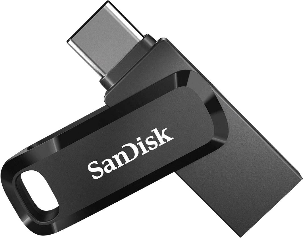 Ein schwarzer USB-Stick von SanDisk mit einem drehbaren Anschluss liegt auf einer grauen Oberfläche.