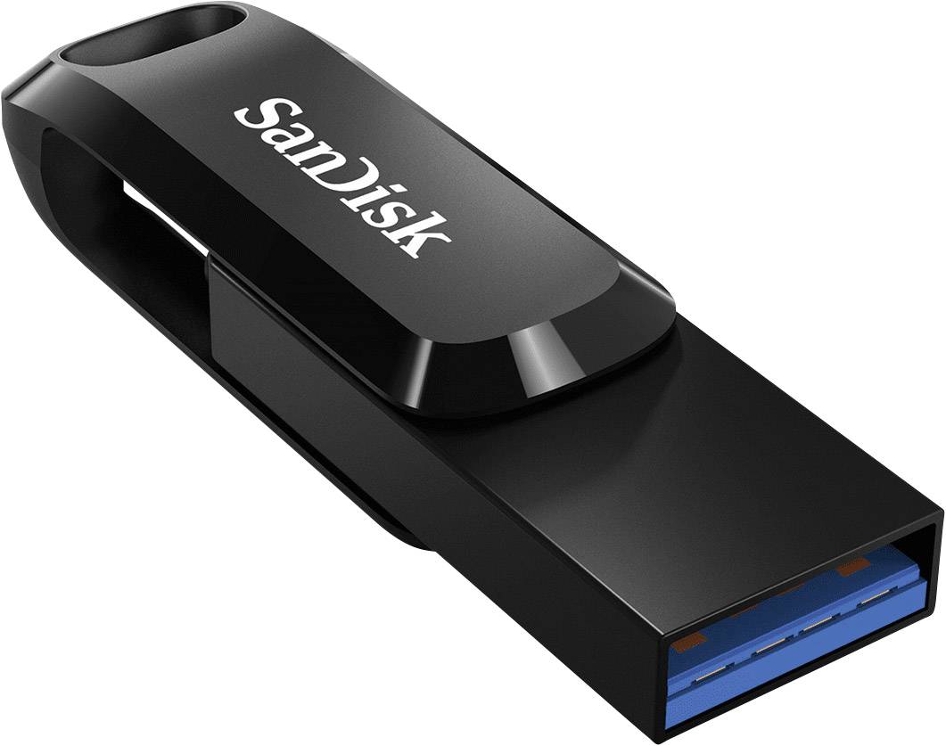 Ein schwarzer USB-Stick von SanDisk mit blauer USB-A-Schnittstelle, geeignet zum Speichern und Übertragen von Daten.