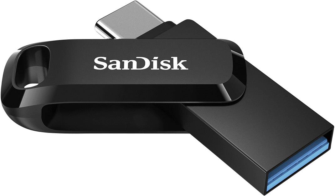 Ein schwarzer SanDisk USB-Stick mit USB-C-Stecker, halb geöffnet.