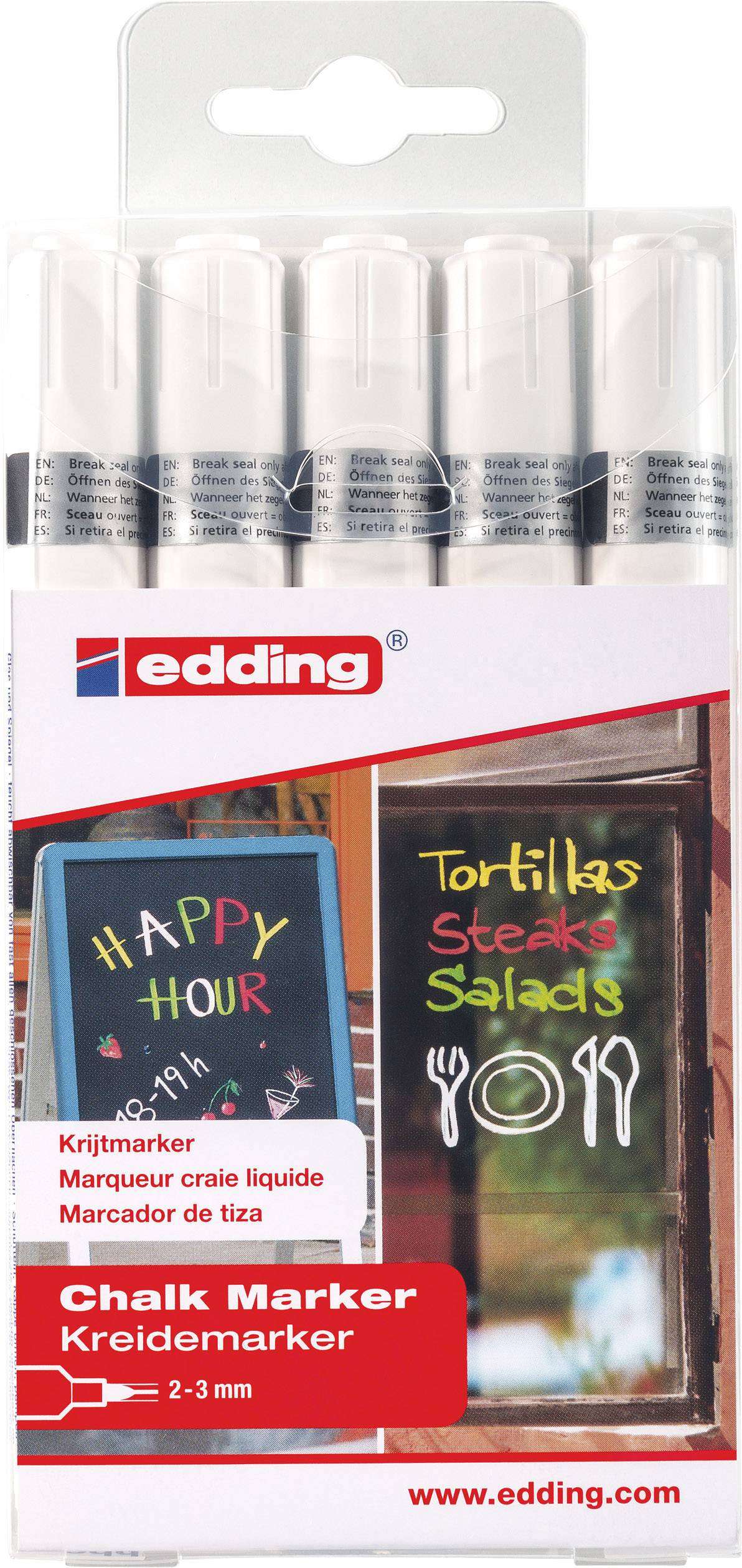 Packung mit sechs weißen Kreidemarkern von edding. Ideal für Tafeln und glatte Oberflächen. Geeignet für Beschriftungen und Deko.