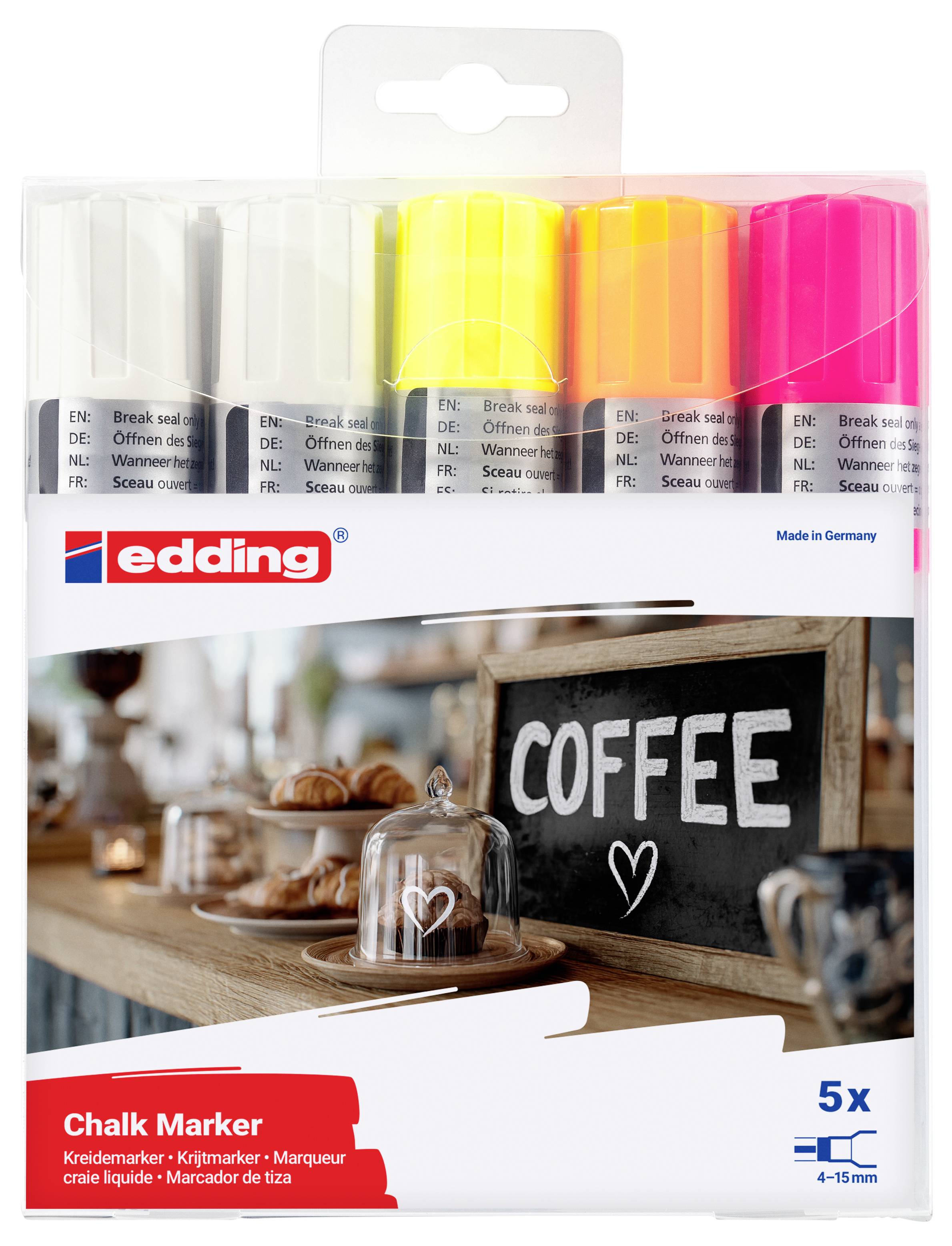 Packung mit fünf Edding-Kreidestiften in Weiß, Grau, Schwarz, Gelb, Orange und Rosa, gekennzeichnet für die Verwendung bei 4-15 mm mit einem kaffee-thematisierten Displaybild.