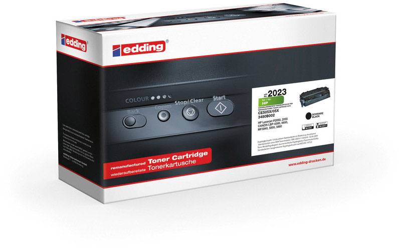 Eine 'edding'-Toner-Kartuschenverpackung mit Produktinformationen und Modellbeschreibung, zeigt ein Bild der Kartusche und das Jahr 2023.