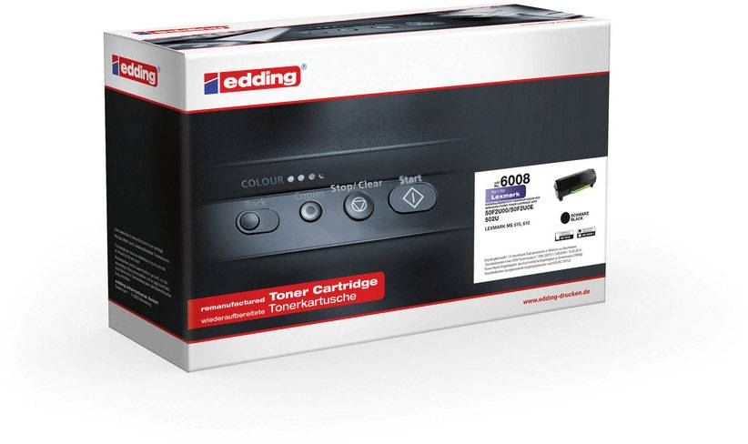 Toner-Kartusche von Edding, Modellnummer e6008, für den Gebrauch in verschiedenen Druckermodellen. Verpackung zeigt Bedienfeldgrafik.