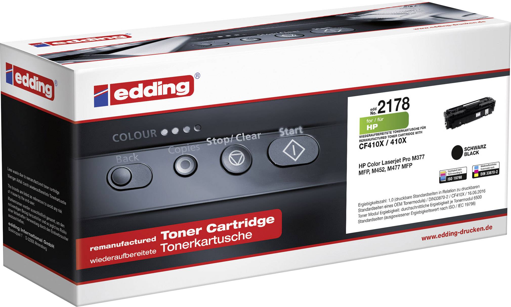 Verpackung einer regenerierten Edding-Tonerkartusche, schwarz, kompatibel mit HP Color LaserJet Pro Druckern, Modell 2178.