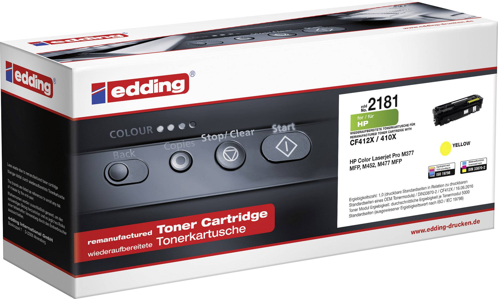 Druckerpatrone, kompatibel mit HP CF412X/410X, Gelb. Edding-Logo auf der Verpackung. Anzeige des Druckerbedienfelds mit Tasten.