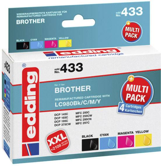 Eine Verpackung von Edding Druckerpatronen, kompatibel mit Brother. Enthält vier Farben: Schwarz, Cyan, Magenta und Gelb.