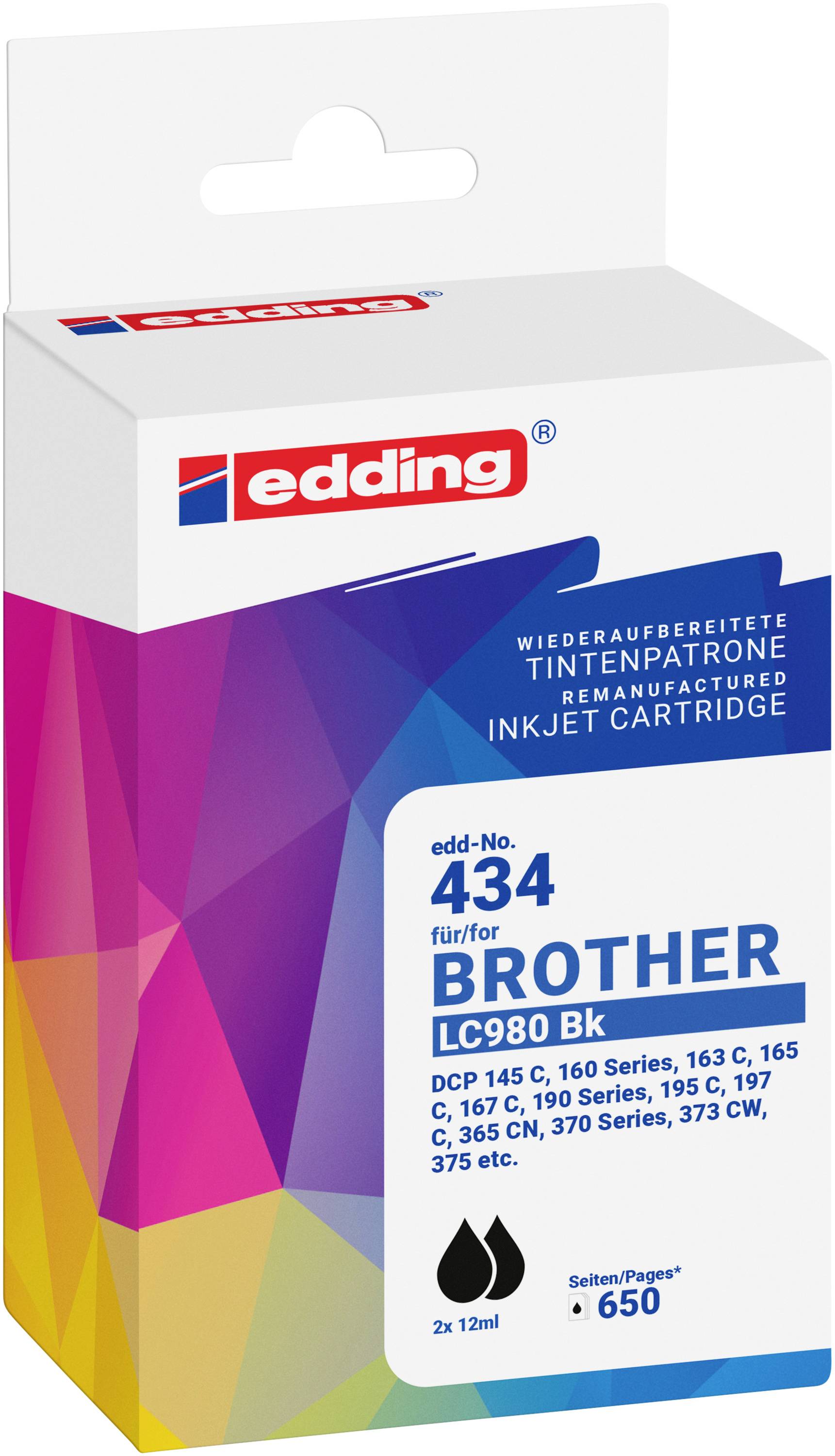 Edding Druckerpatrone ersetzt Brother LC980BK Doppelpack Kompatibel 2er-Pack Schwarz, Schwarz EDD-434 18-434