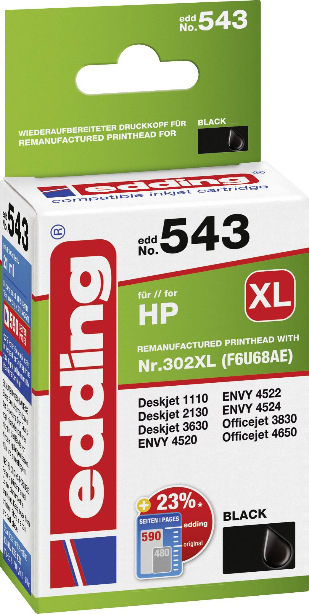 Edding Druckerpatrone EDD-543 Kompatibel ersetzt HP 302XL, F6U68AE Schwarz 18-543