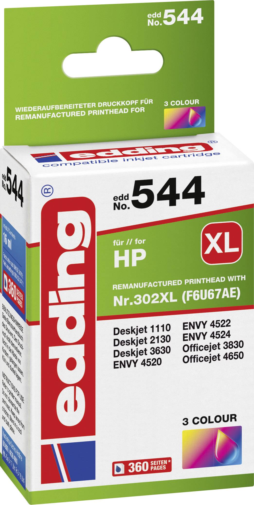 Verpackung einer nachgefertigten Druckerpatrone von edding, kompatibel mit HP Druckern, Modell Nr. 302XL, für ca. 360 Seiten.