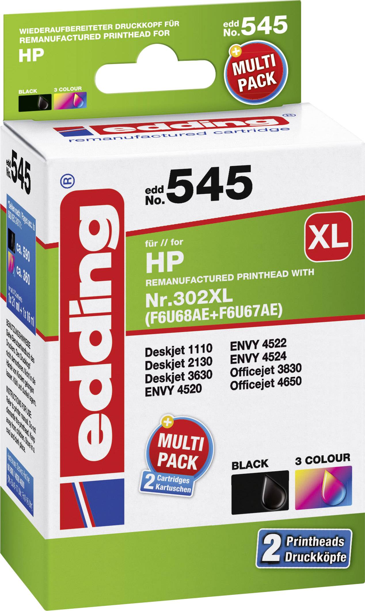 Tintenpatronenverpackung Edding Nr. 545 XL, kompatibel mit HP Druckern, enthält zwei schwarze und drei farbige Patronen, Multi-Pack.