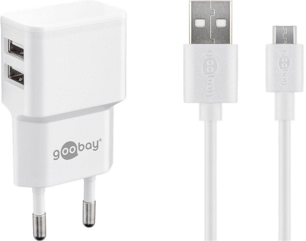 Goobay Micro USB Dual Ladeset 2,4 A USB Ladegerät 12 W USB 2.0 Buchse A, USB 2.0 Buchse A Weiß Steckdose