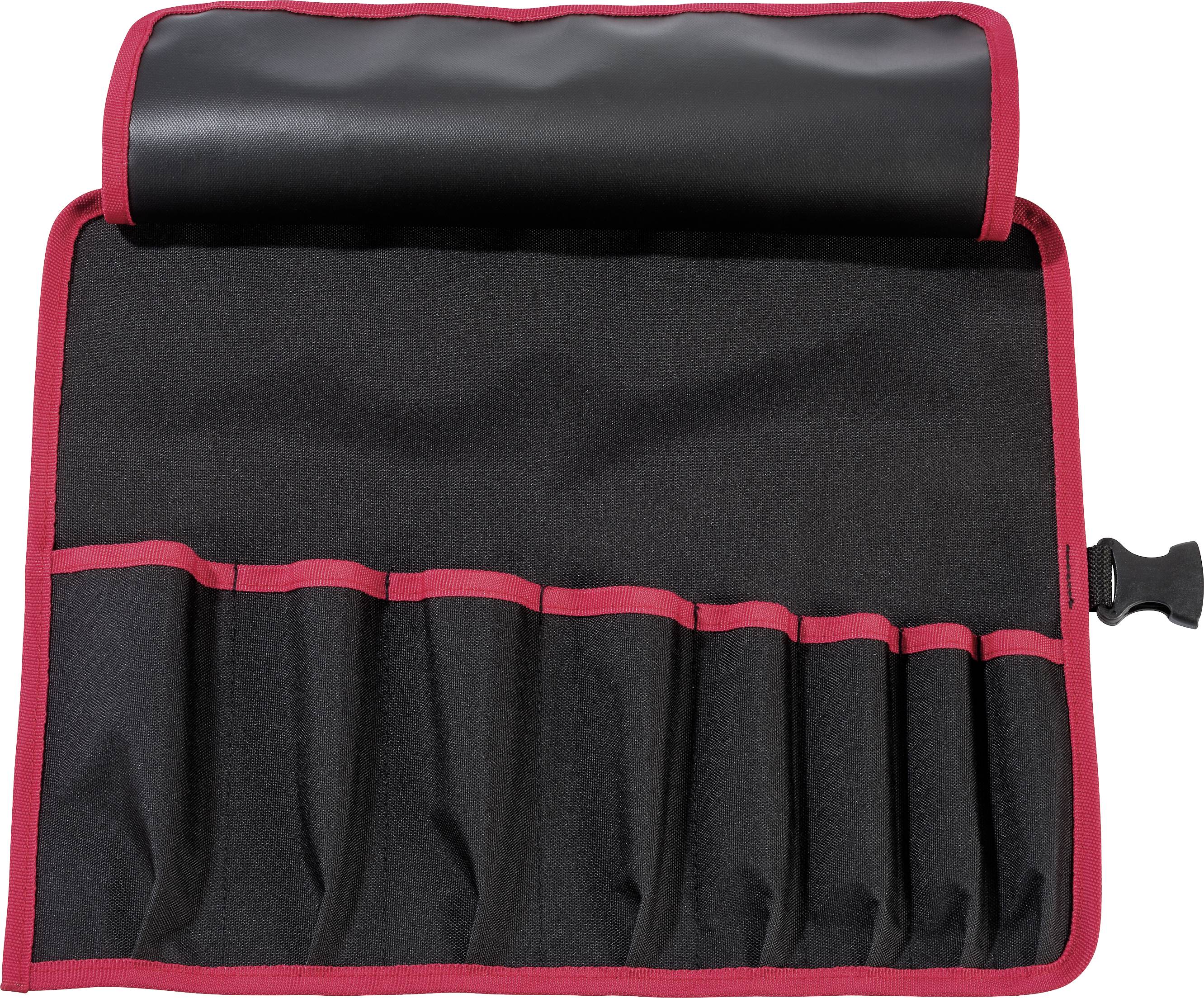 Leere schwarze Werkzeugtasche mit roten Kanten, flach ausgerollt, zeigt sieben Taschen für Werkzeuge, ohne Inhalt.