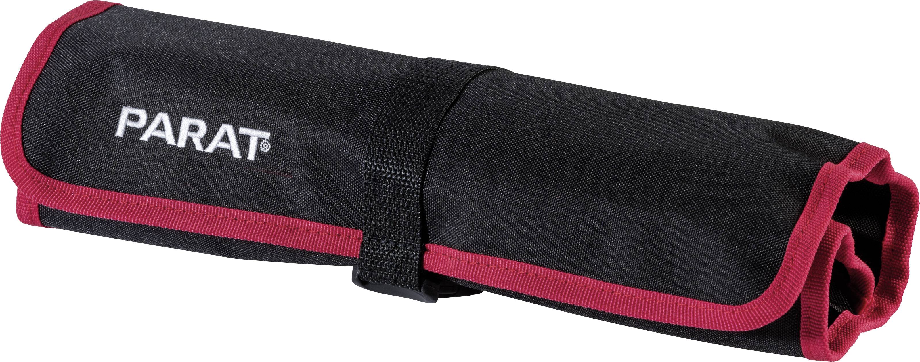 Schwarze Werkzeugtasche mit rotem Rand, zusammengerollt, mit der Aufschrift 'PARAT' auf der Vorderseite.