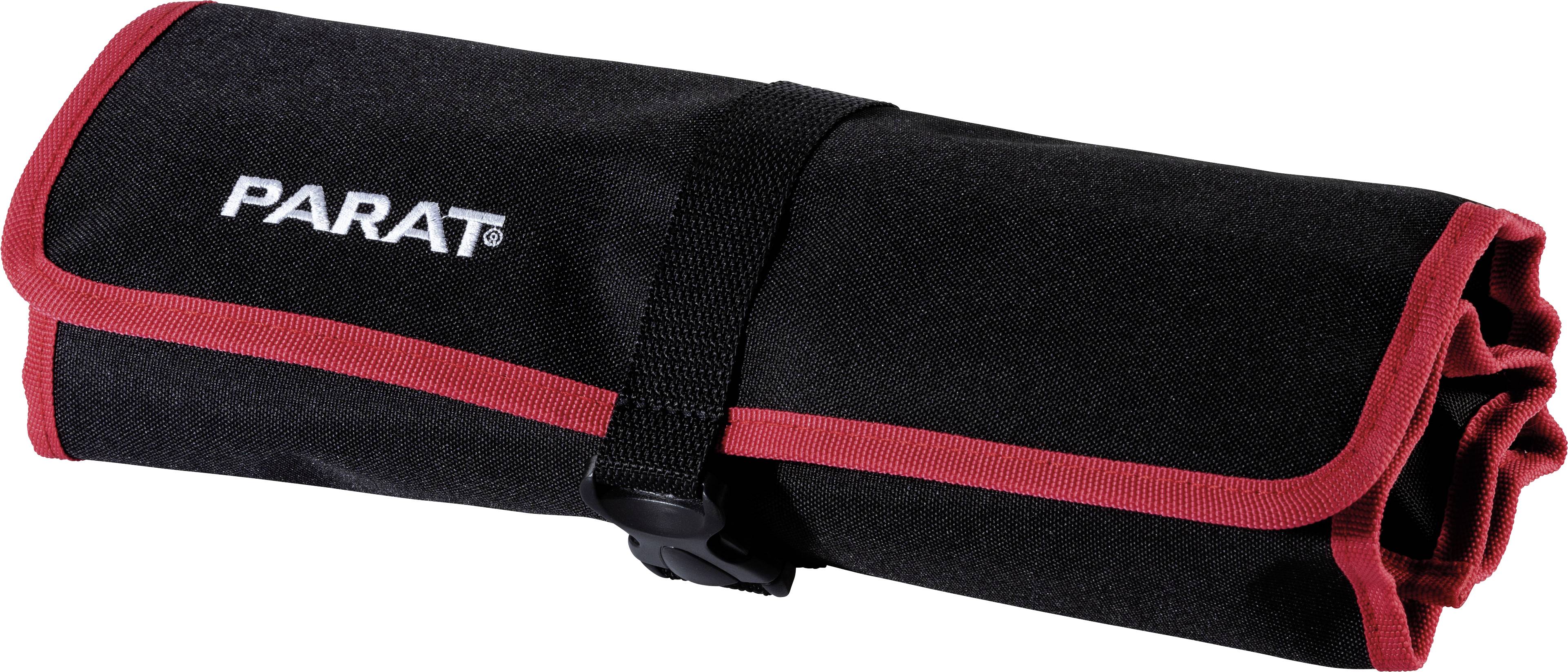 Eine schwarze Werkzeugtasche aus Stoff ist zusammengerollt und wird von einem Band mit einer Schnalle gehalten.