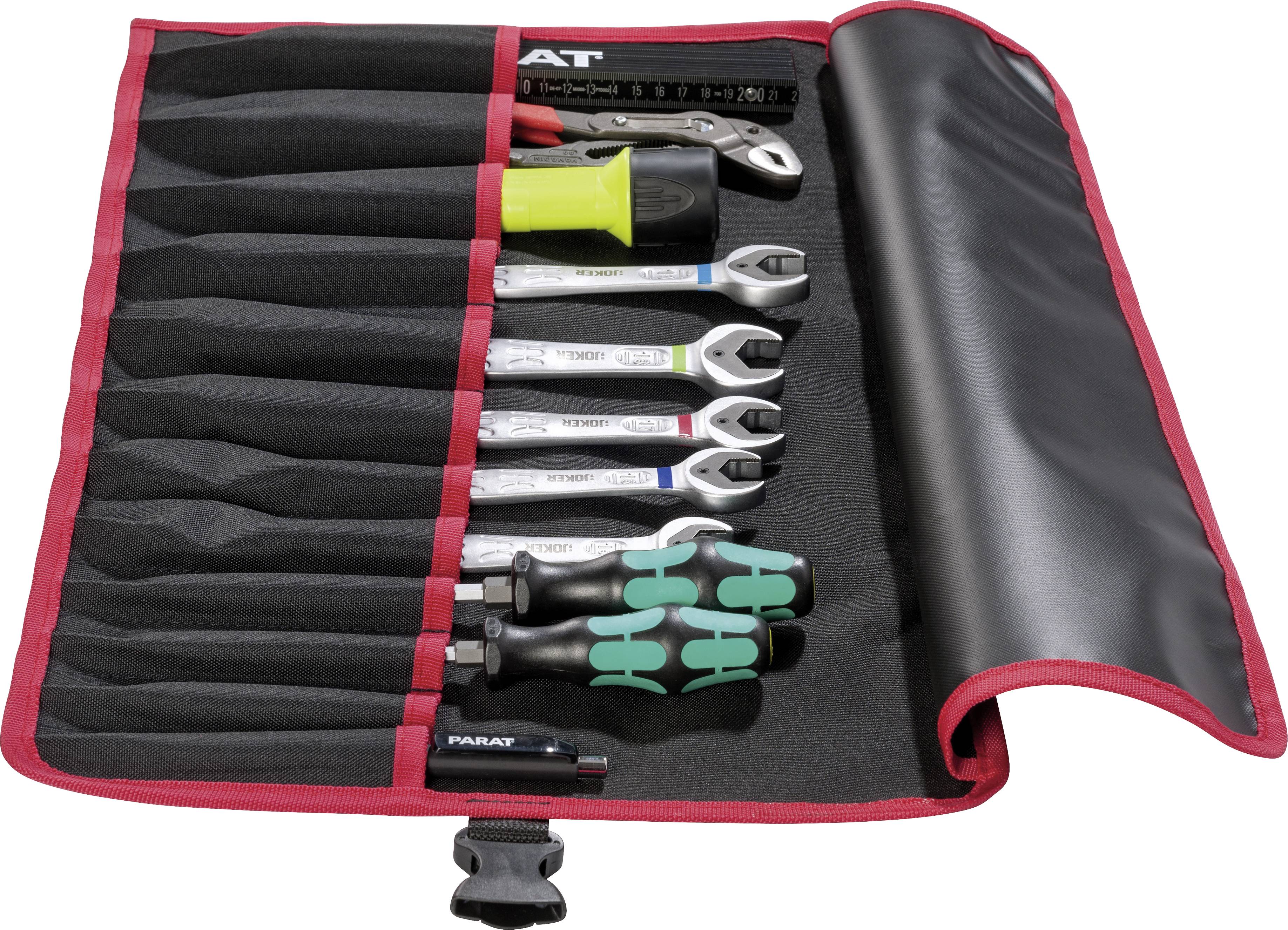 Offene, rot-schwarze Werkzeugtasche mit verschiedenen Schraubenschlüsseln, Drehmomentschlüssel und Schraubendreher.