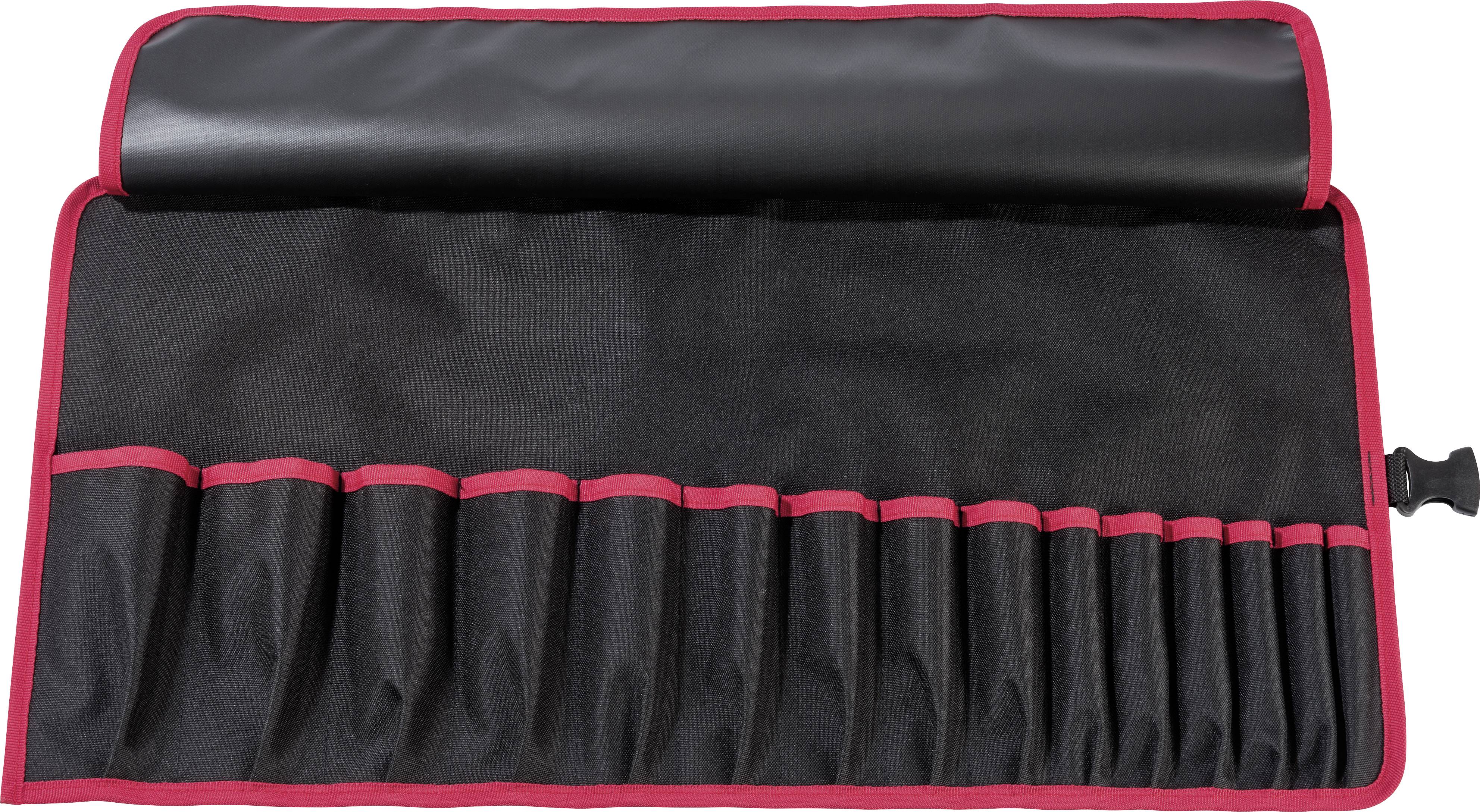 Eine schwarze Werkzeugtasche mit roten Akzenten und mehreren Fächern zur Aufbewahrung von Werkzeugen, teilweise gerollt.
