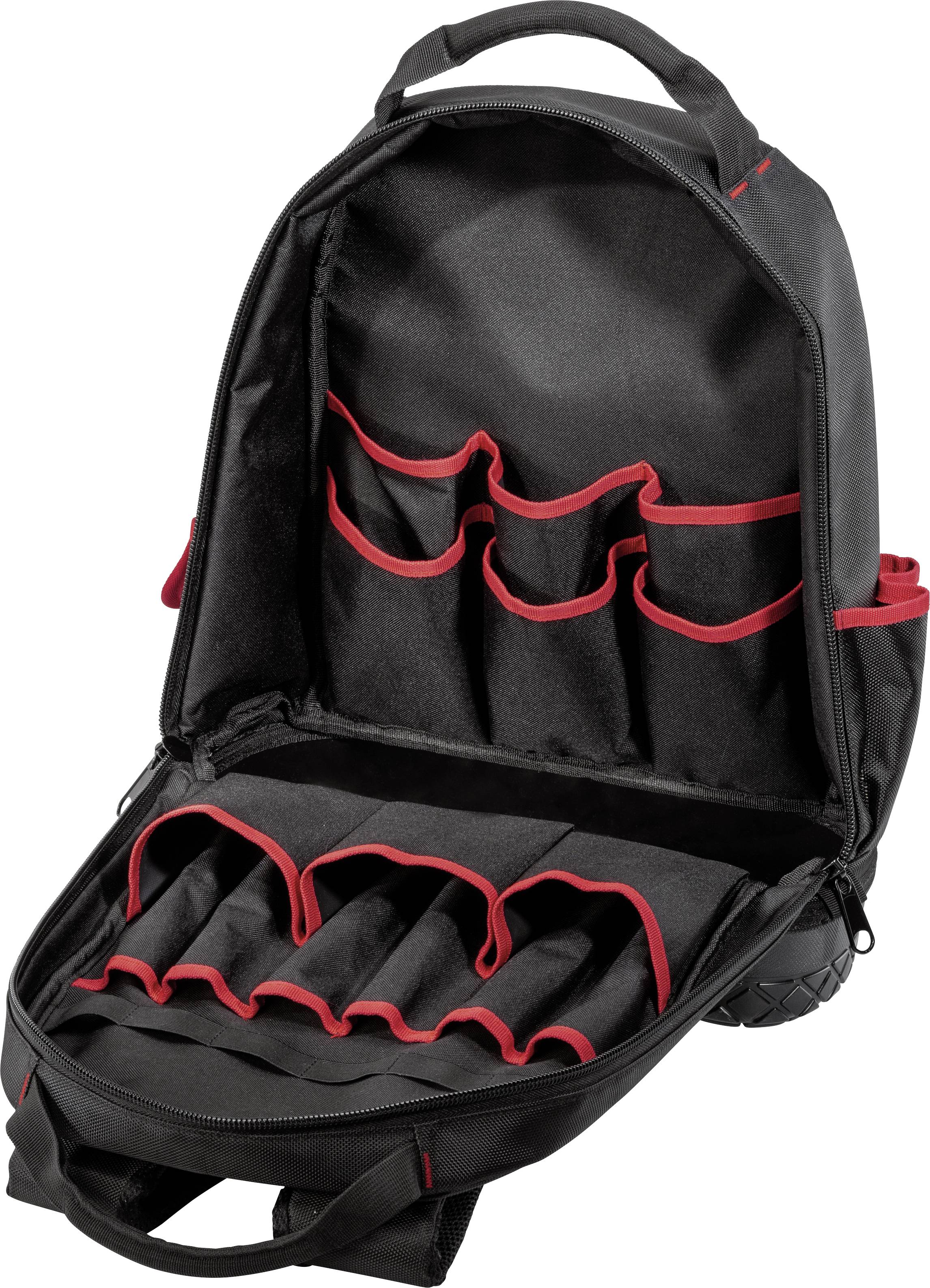 Ein geöffneter schwarzer Rucksack mit roten Nähten. Innen sind mehrere Fächer sichtbar, geeignet zur Organisation von Werkzeugen oder Zubehör.