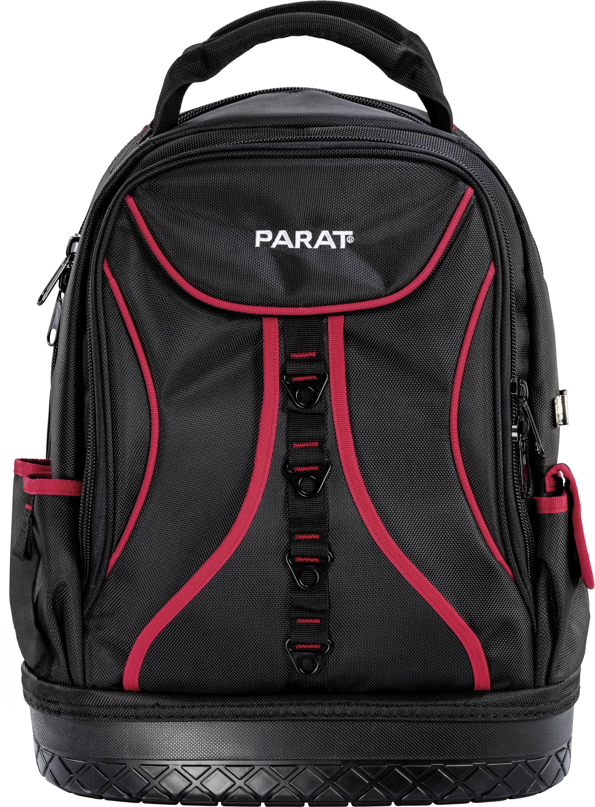 Ein schwarzer Rucksack mit roten Akzenten und dem Schriftzug 'PARAT' auf der Vorderseite. Der Rucksack hat mehrere Taschen.