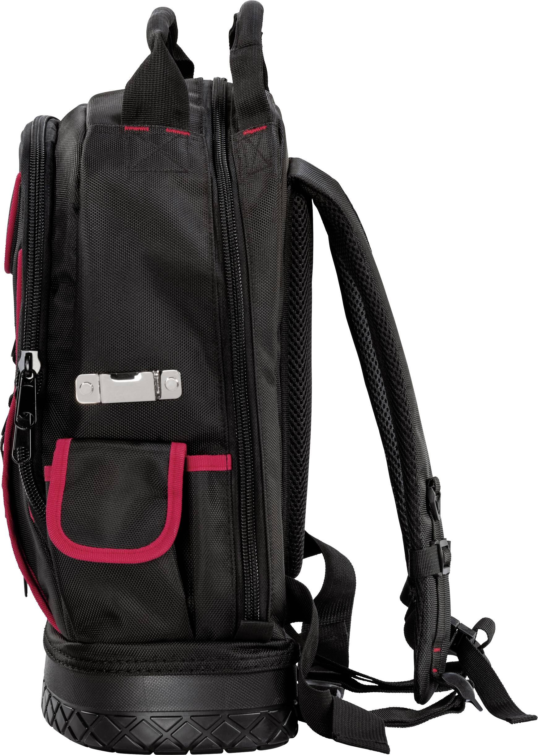 Schwarzer Rucksack mit roten Details, seitlich gezeigt. Sichtbar sind Reißverschlüsse, Gurte und eine Metallverschlussschnalle.
