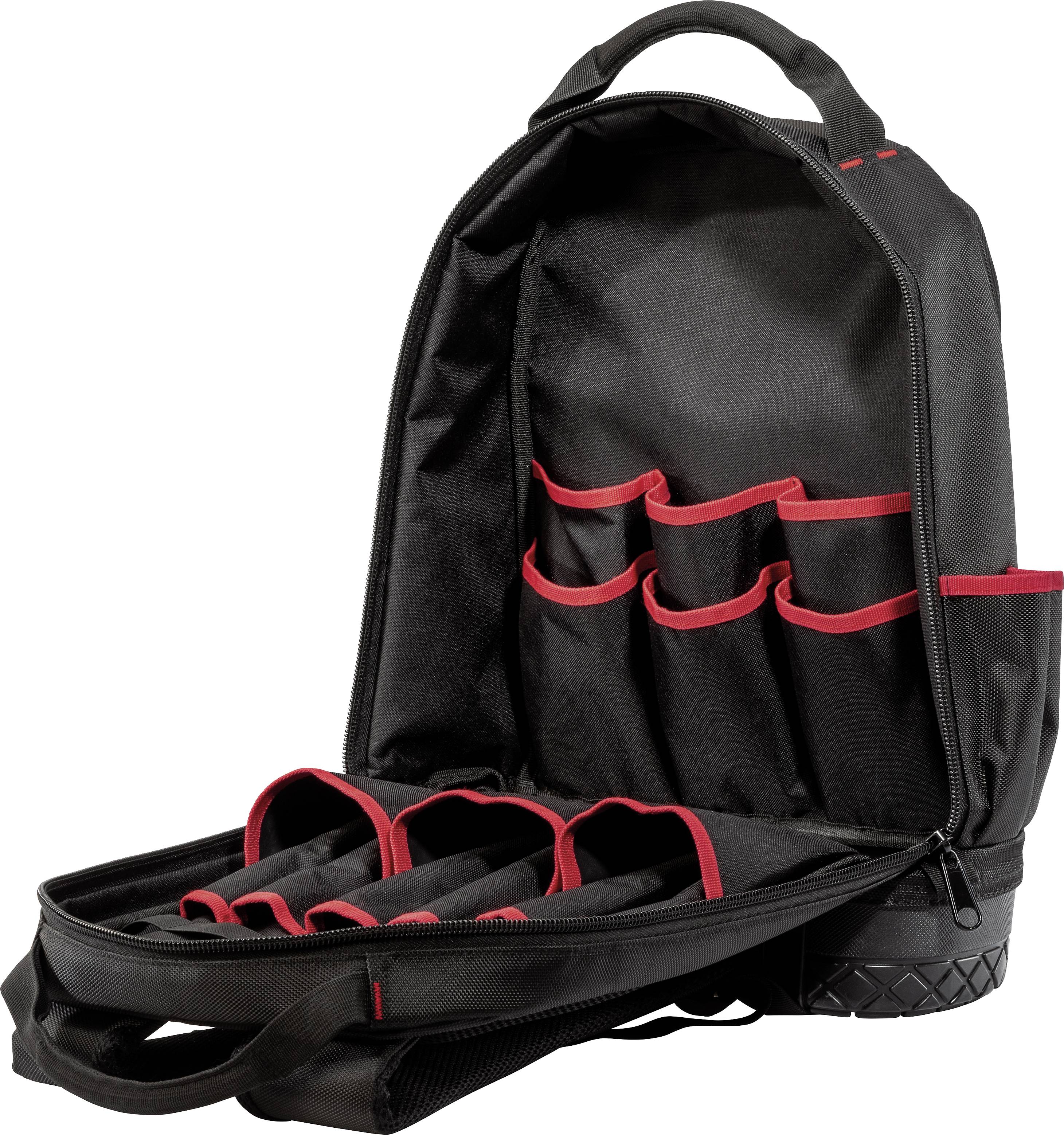 Ein geöffneter, schwarzer Werkzeugrucksack mit mehreren roten Taschen und Schlaufen zur Organisation von Werkzeugen.