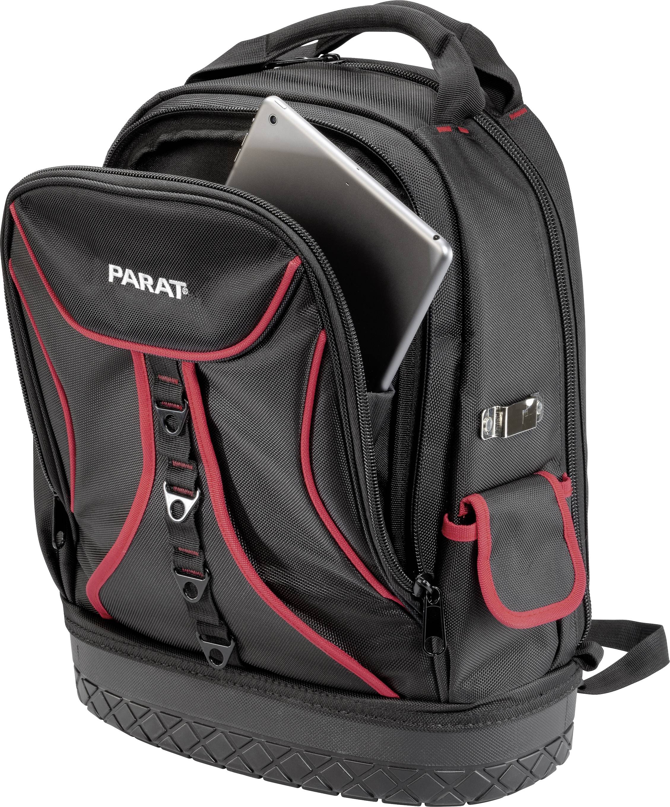 Schwarzer Rucksack mit rotem Akzent, geöffnetes Hauptfach mit einem Tablet. Markierung zeigt 'PARAT', robustes Design mit Tragegriff.
