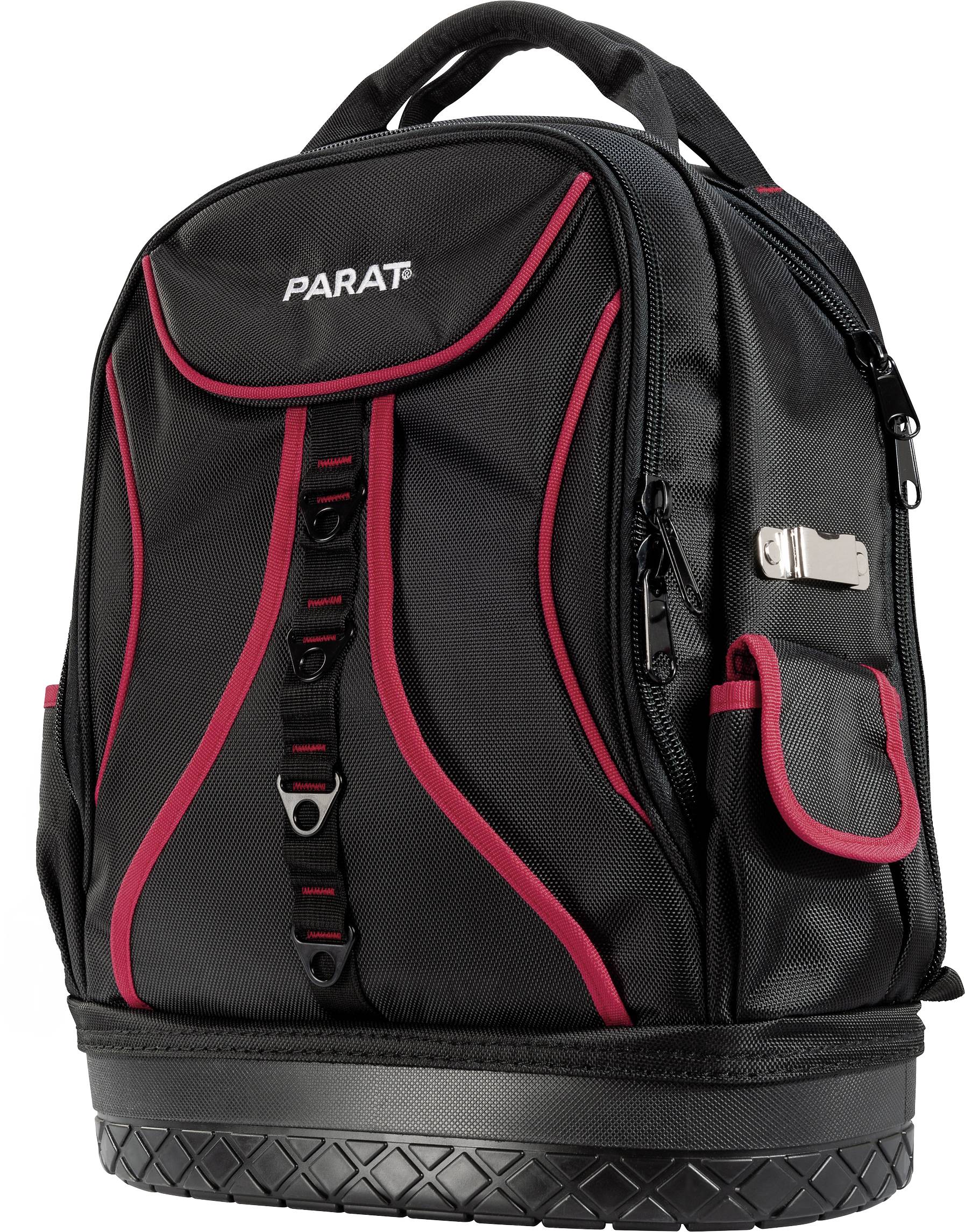 Schwarzer Rucksack mit roten Akzenten, robustem Design und vielen Fächern für Werkzeuge. Geeignet für Handwerker oder Techniker.