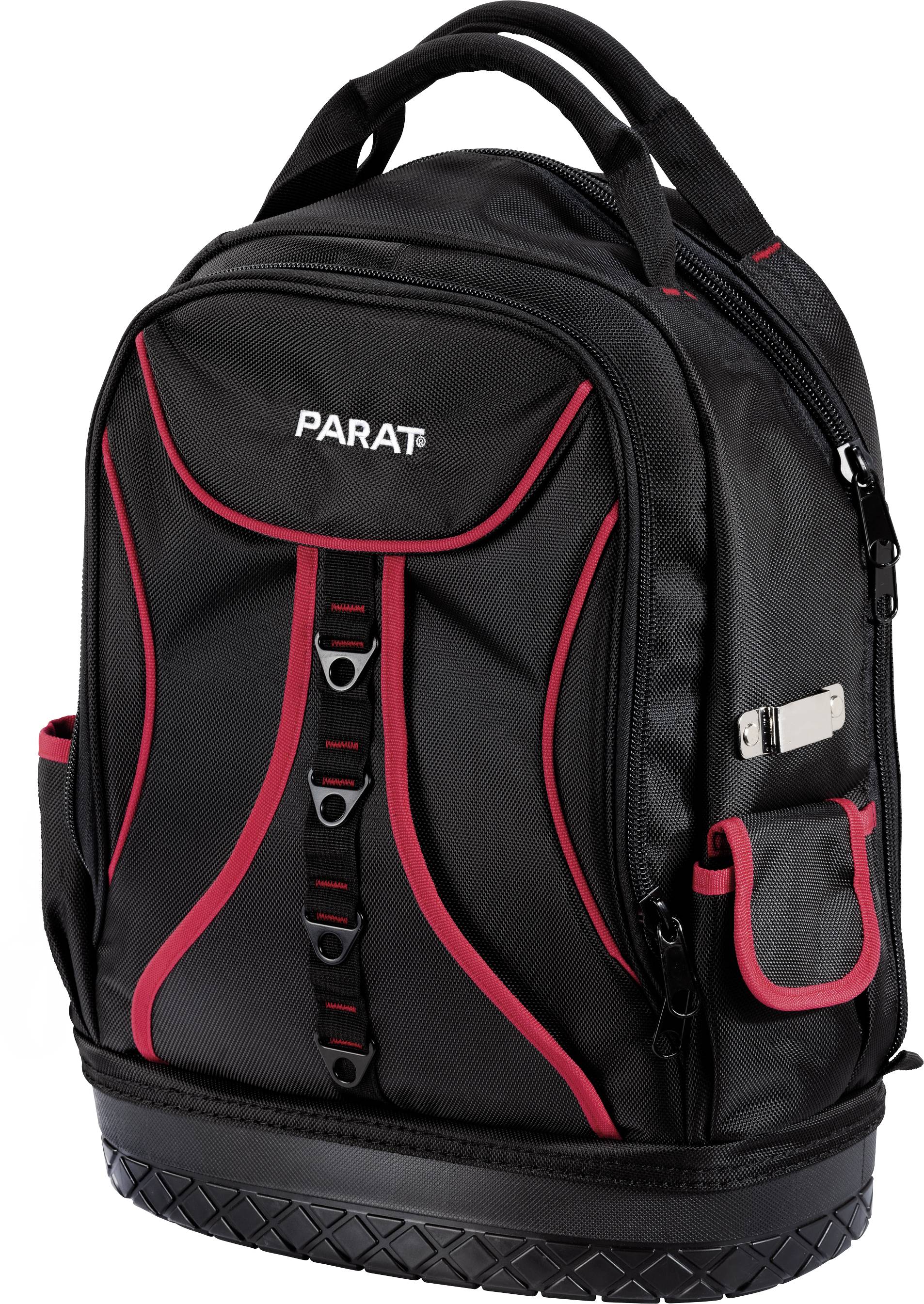Schwarzer Rucksack mit roten Akzenten, mehreren Fächern und robustem Boden. Geeignet für Werkzeuge oder technisches Equipment.