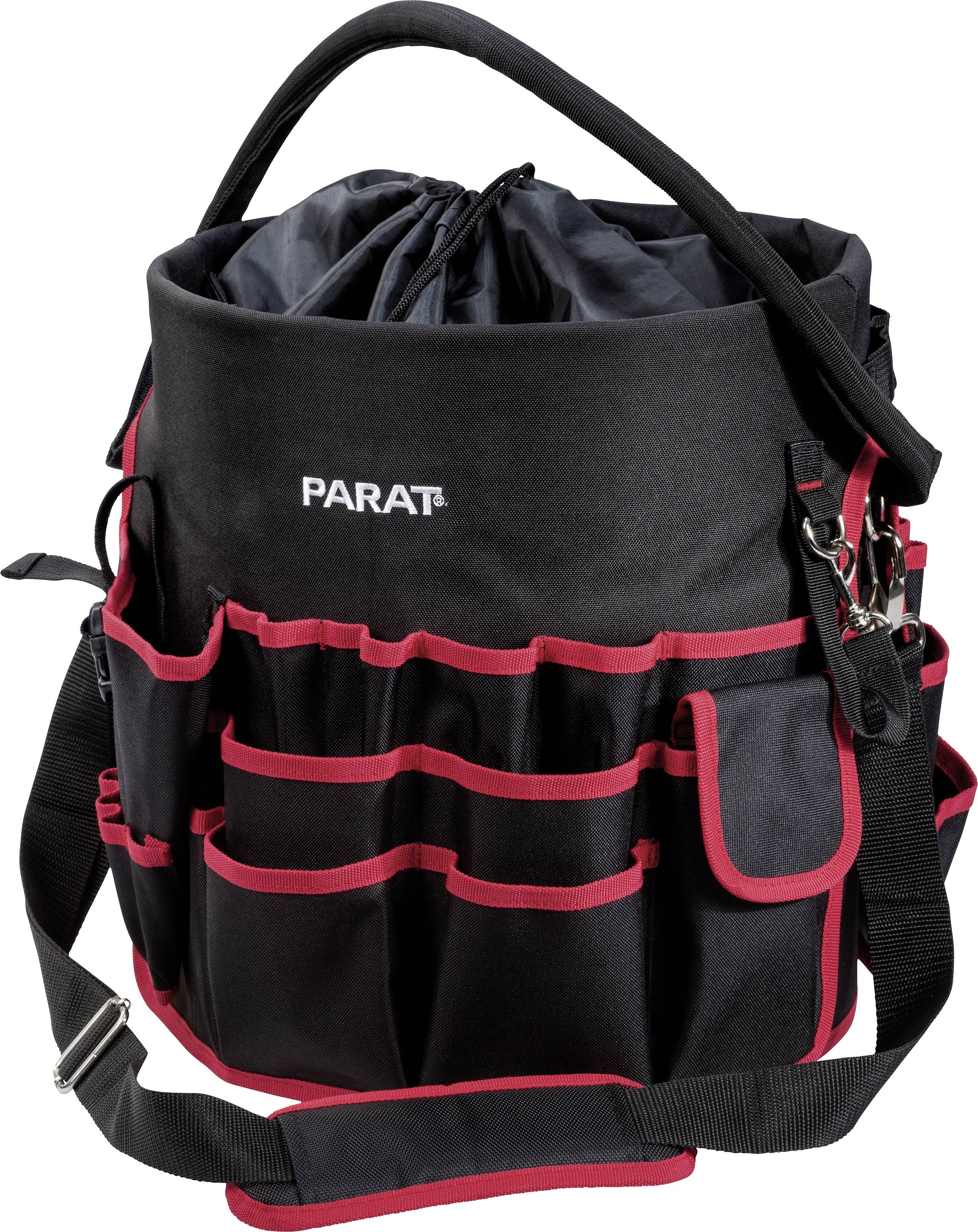 Schwarze Werkzeugtasche mit rotem Rand und mehreren Fächern, Tragegriff und Schultergurt. Markennamen 'PARAT' auf der Tasche.