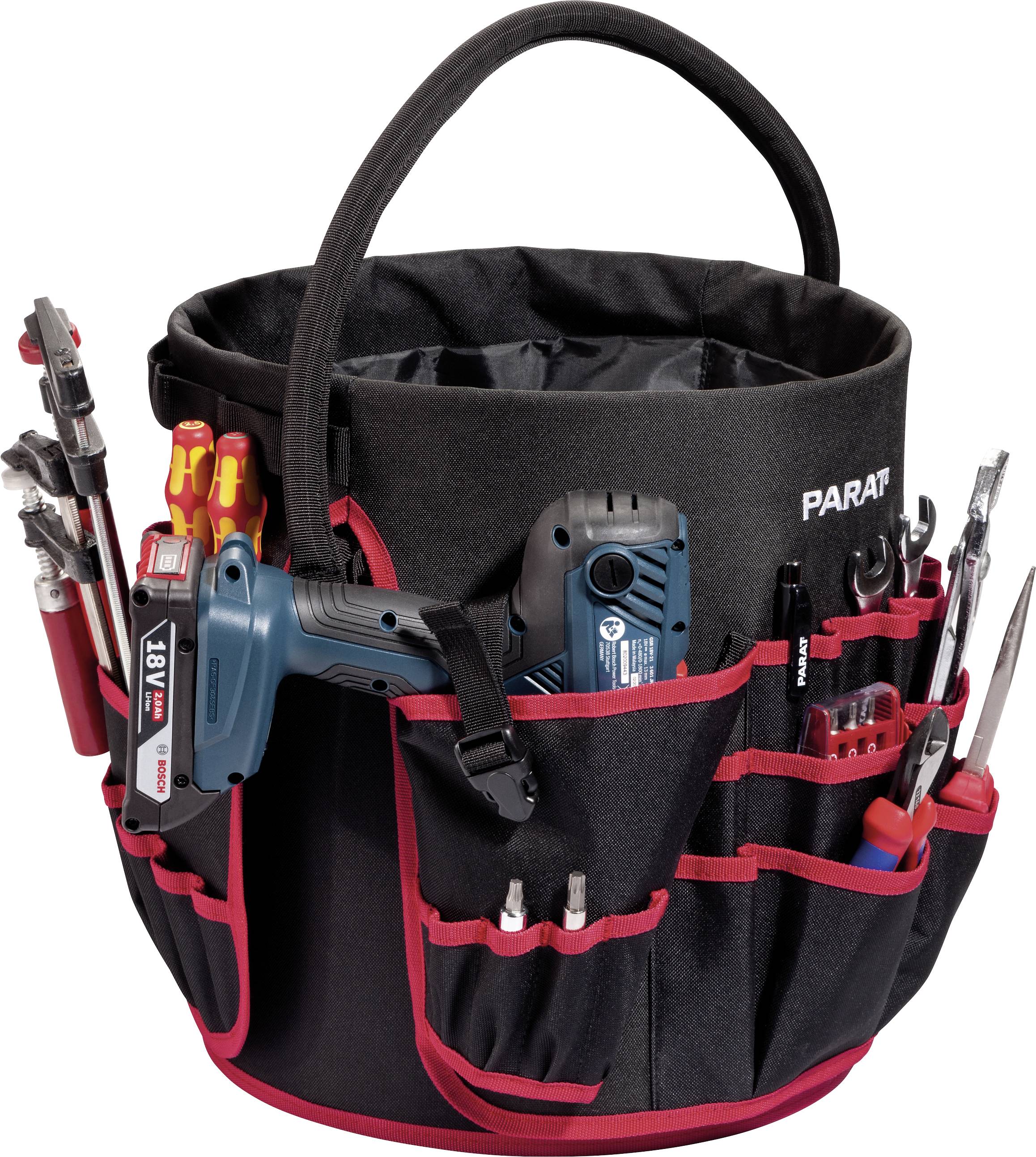 Werkzeugtasche aus Stoff mit rotem Rand, gefüllt mit verschiedenen Werkzeugen wie Schraubendreher, Zange und Akku-Bohrmaschine.