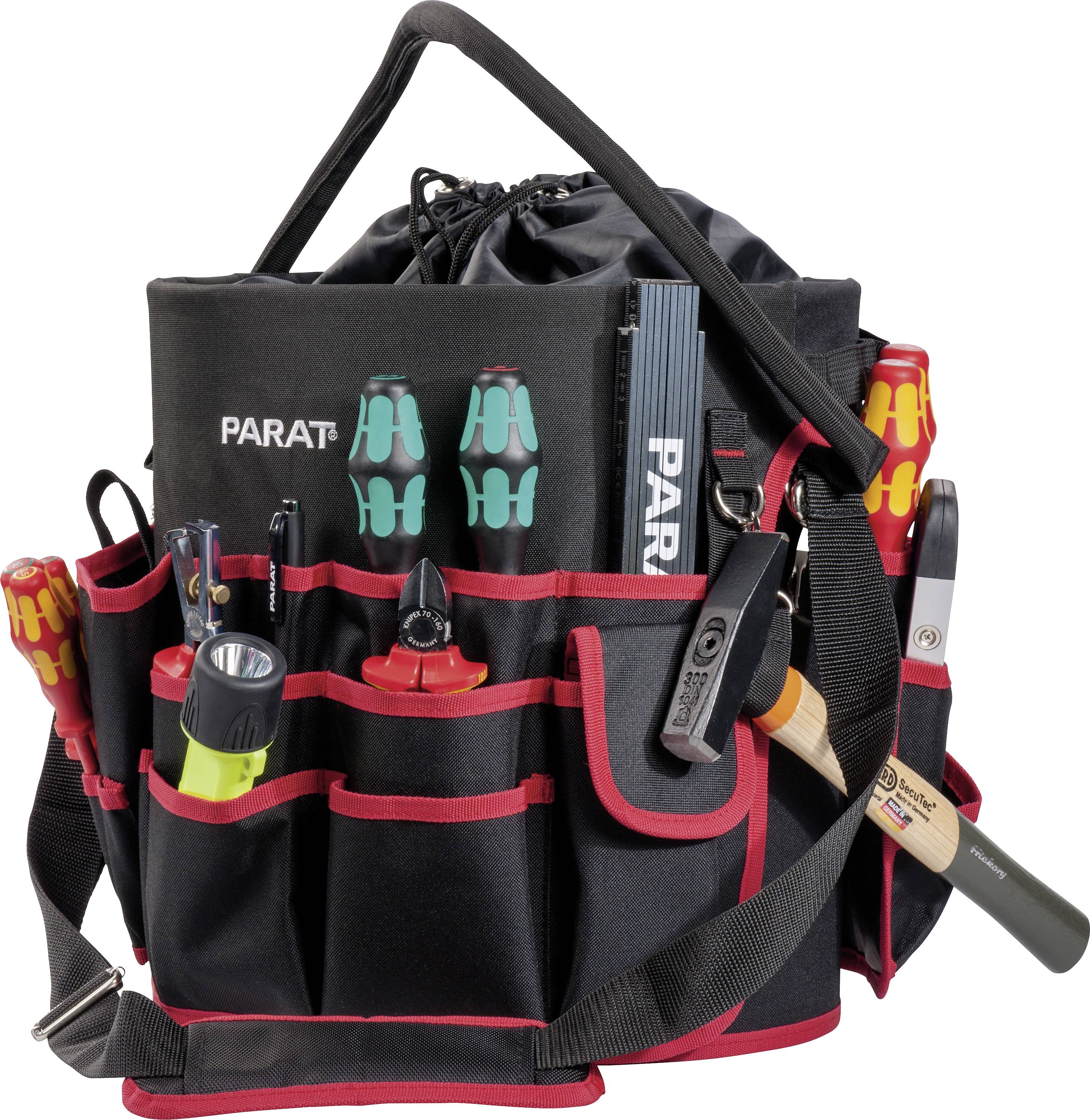 Werkzeugtasche mit verschiedenen Werkzeugen wie Schraubendrehern, Hammer und Maßband, organisiert in verschiedenen Taschen.