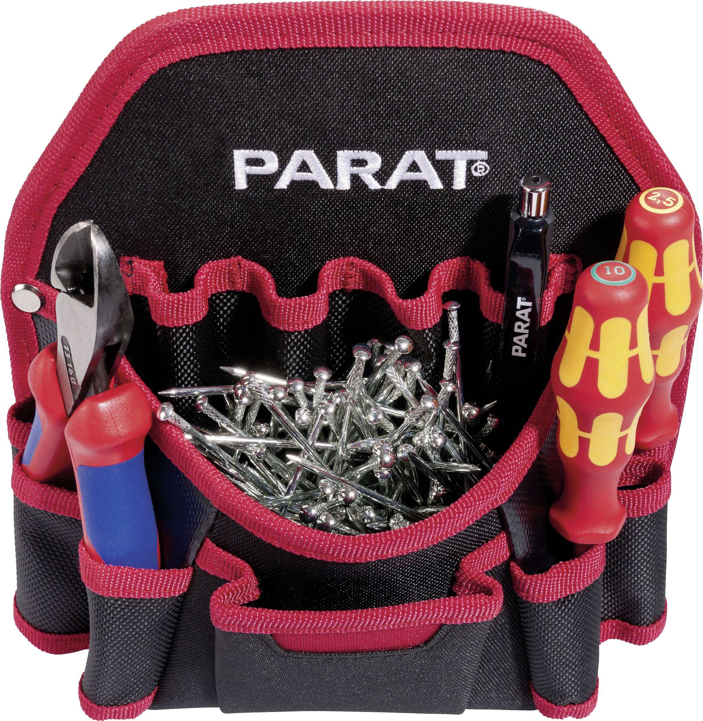 Werkzeugtasche mit Schraubendrehern, Zange, Stiften und Nägeln, schwarz-rot. Marke 'Parat' aufgedruckt.