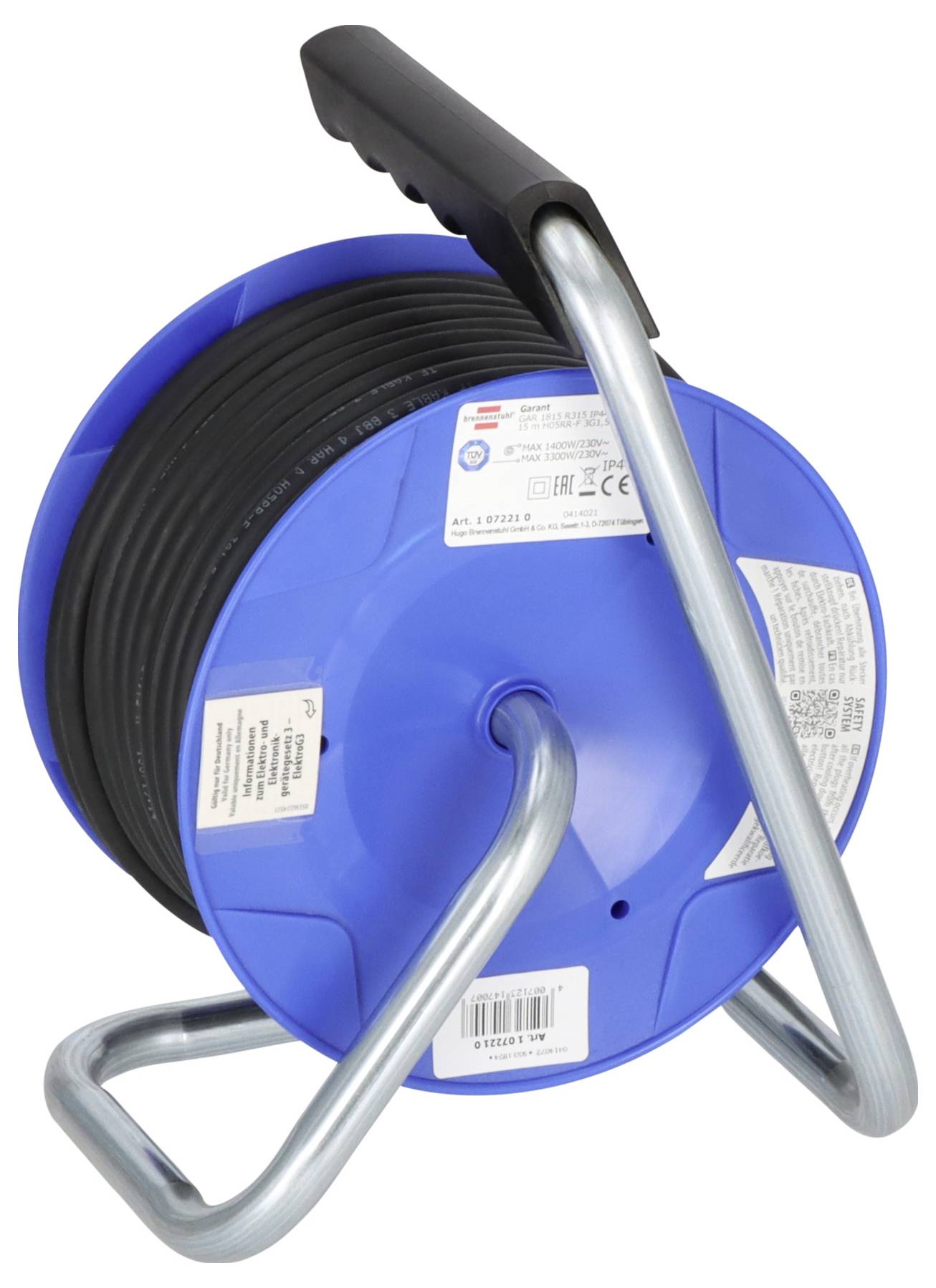 Blauer Schlauchaufroller mit schwarzem Schlauch und Metallgriff, gezeigt auf weißem Hintergrund.