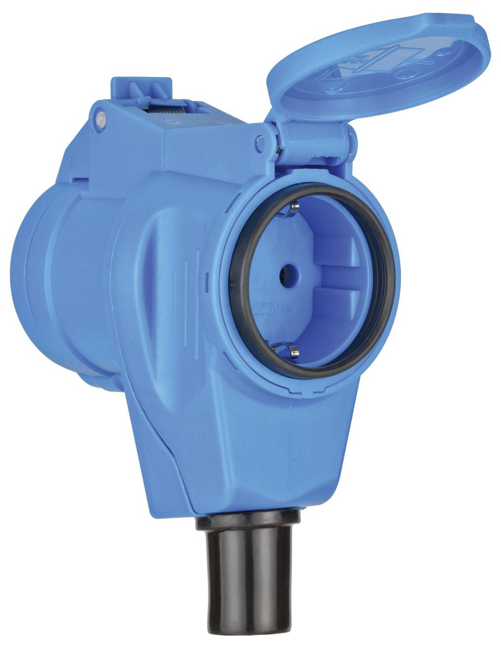 Blaue industrielle Steckdose mit klappbarem Schutzdeckel und schwarzem Stecker