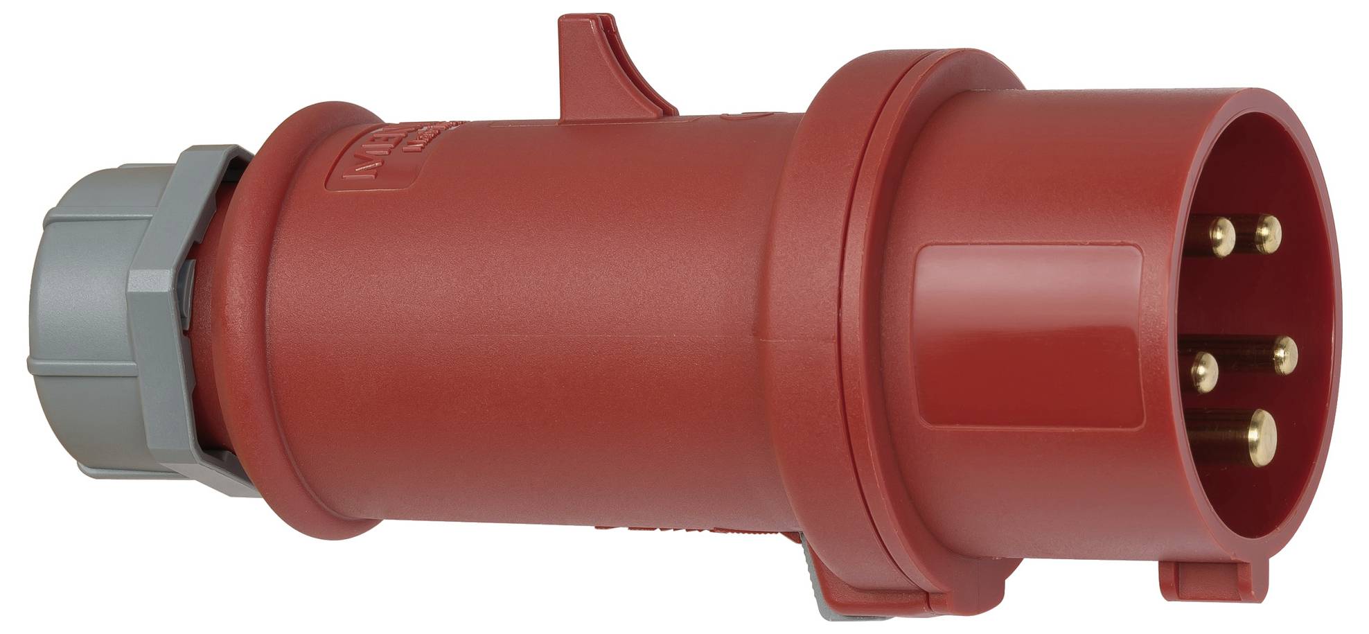 Roter industrieller Stromstecker mit grauem Verriegelungsbund und freiliegenden Kontaktstiften