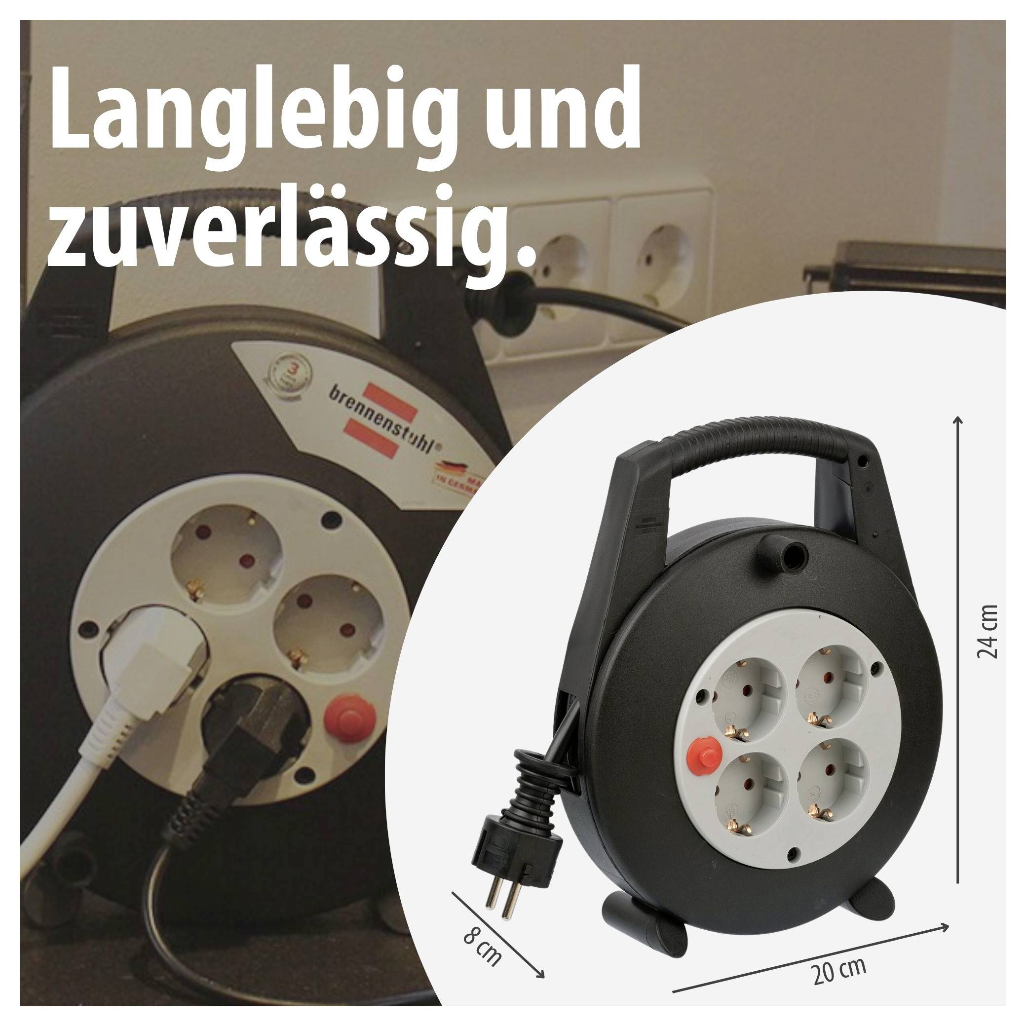 Kabeltrommel mit vier Steckdosen und Griff; Maße 20 cm x 24 cm, Kabel 8 cm. Text: 'Langlebig und zuverlässig.'