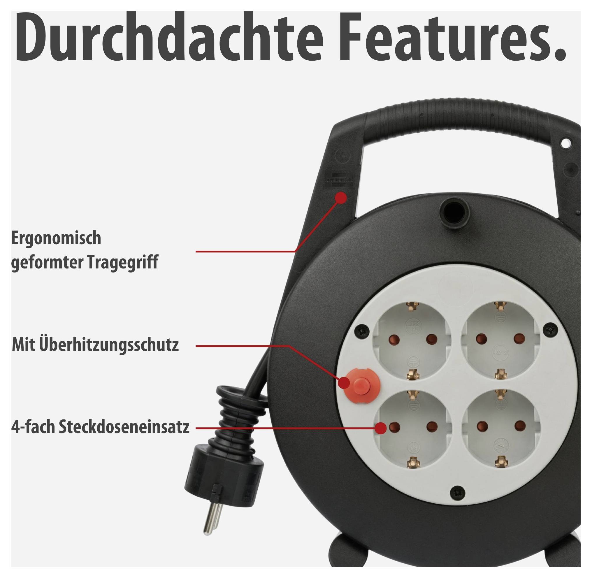 Tragbare Kabeltrommel mit 4 Steckdosen und Handgriff; hervorgehoben sind ergonomischer Tragegriff, Überhitzungsschutz und Steckdoseneinsatz.