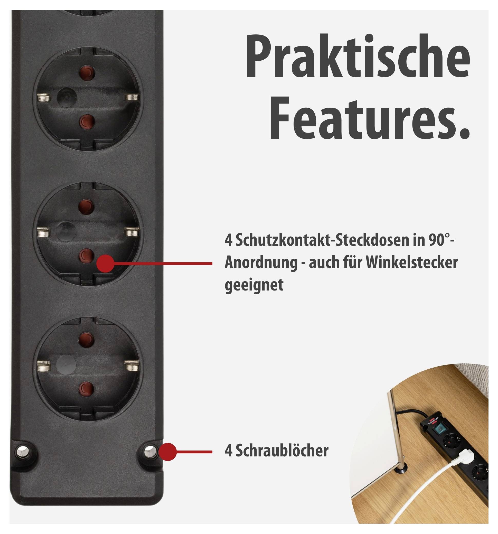 Werbegrafik zu einer Steckdosenleiste: 'Praktische Features' mit 4 Schutzkontakt-Steckdosen in 90°-Anordnung für Winkelstecker und 4 Schraublöchern; kleines Einlegefoto zeigt die Leiste unter dem Tisch.