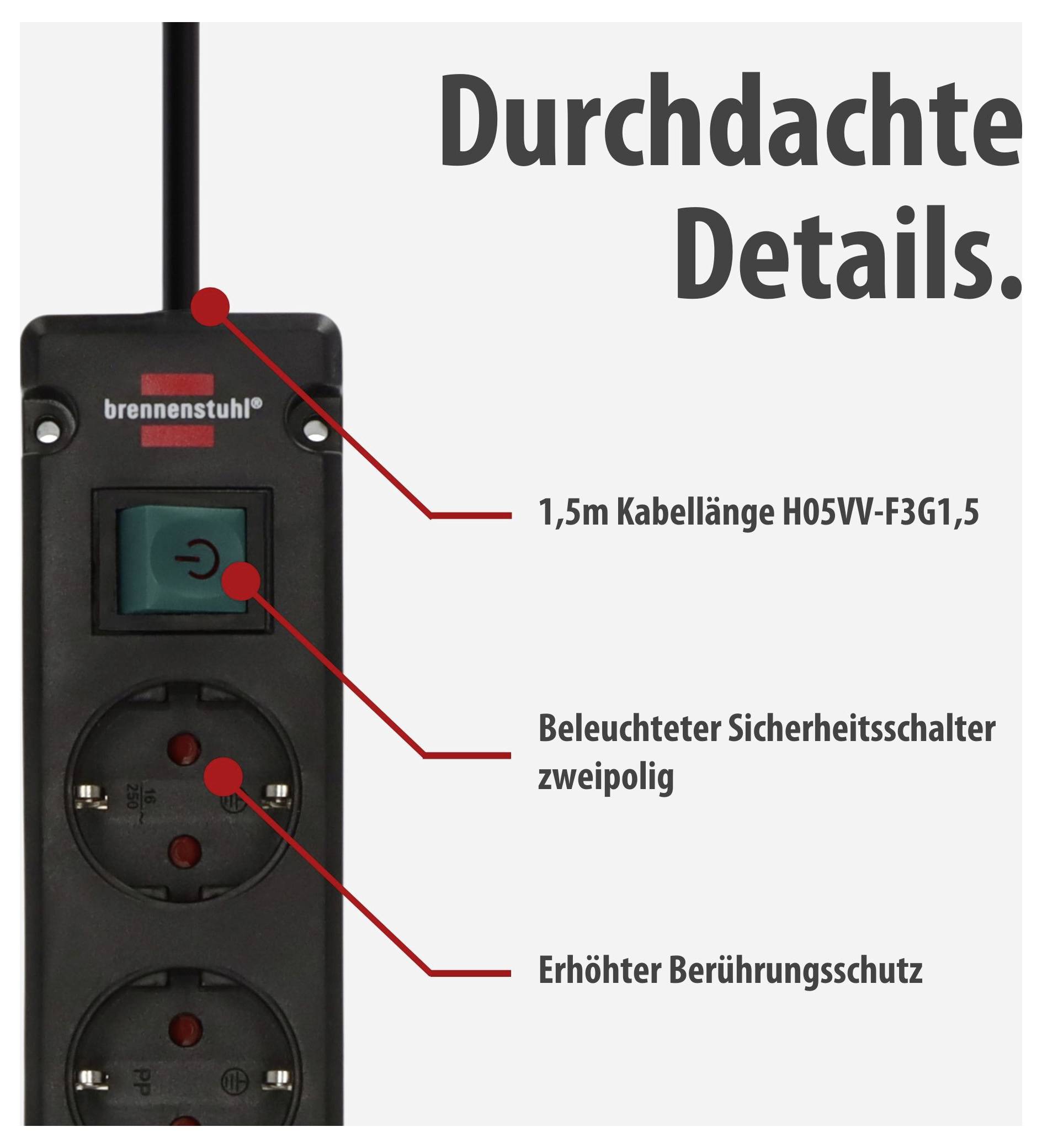 Werbung für eine Brennenstuhl-Steckdosenleiste mit Text 'Durchdachte Details': 1,5 m Kabel, beleuchteter zweipoliger Sicherheitsschalter und erhöhter Berührungsschutz.